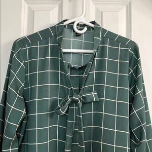 Ann Taylor Green and White Checkered Blouse with Bow Tie